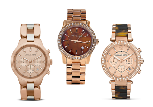 Michael Kors Rose Gold Watches: left to right- Rose Gold and Glitz Watch, Decadent Pearl Glitz Watch, and Round Ladies Rose Gold Tone Watch